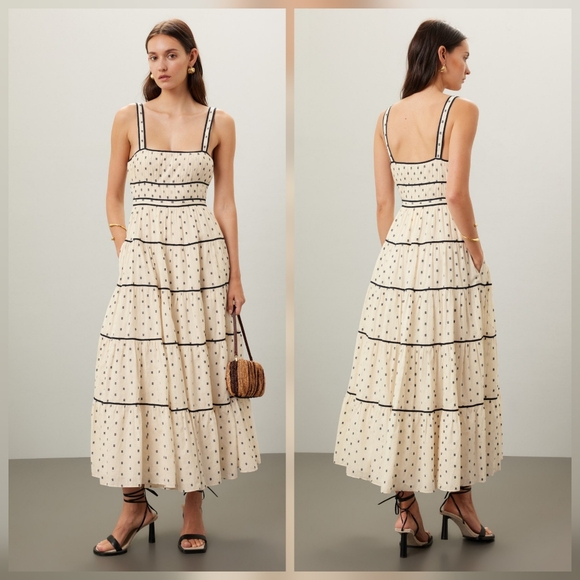 Ulla Johnson Dresses & Skirts - Ulla Johnson Clemente Tiered Polka Dot Midi Dress Square Neck Cotton Size 4